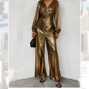 New Women XL Metallic Gold Long Sleeve Romper ,wide-leg jumpsuit